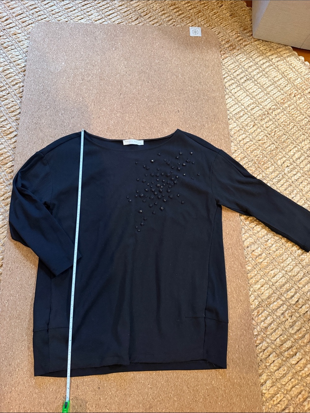 Beaded Boatneck Long-Sleeve Top in Black